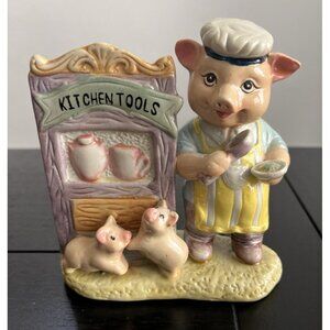 Vtg Novelty Chef Pig Ceramic Kitchen Tools Holder Caddy 4-1/2" X4-1/2" Farmhouse